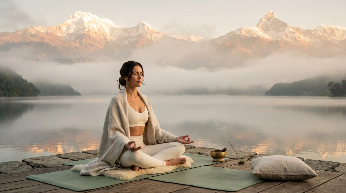 Serene breathwork and meditation at sunrise overlooking sacred Himalayan peaks