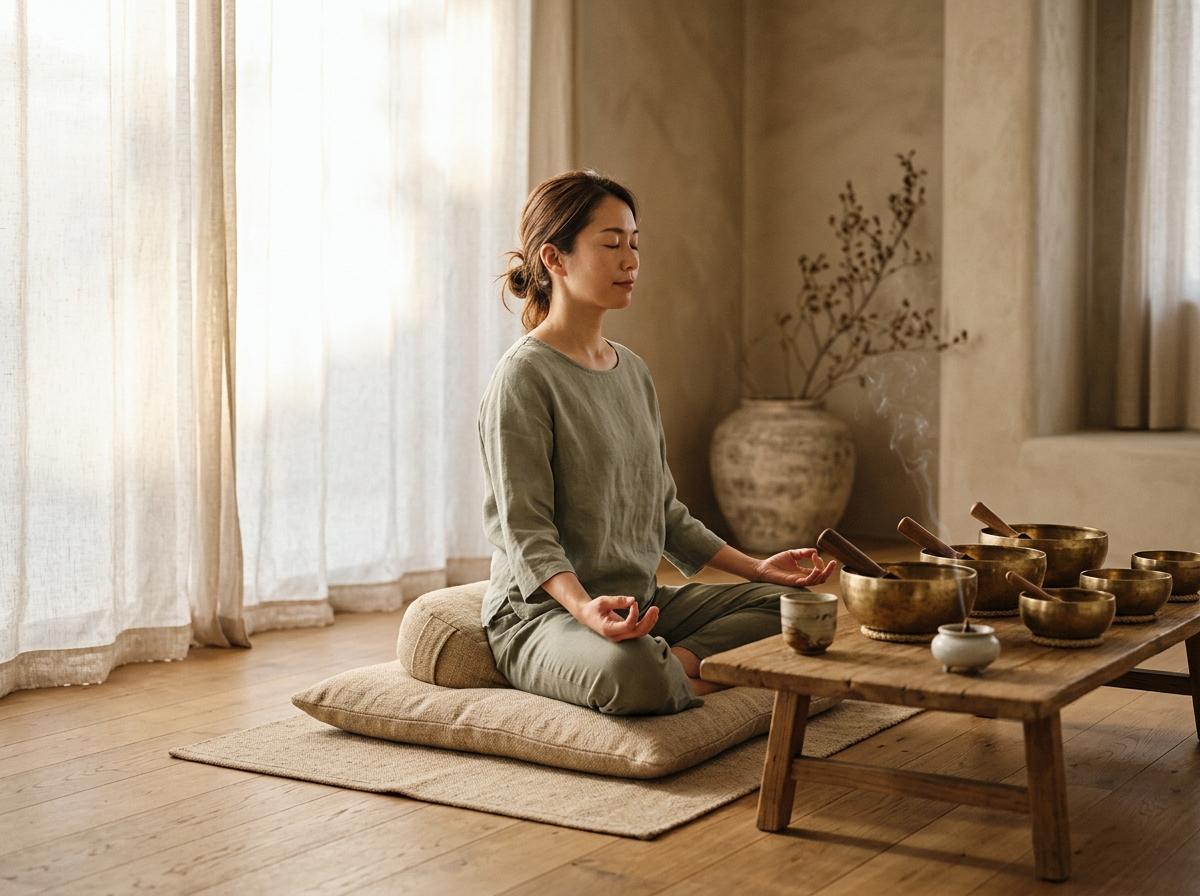 Sound healing singing bowl practice in serene modern studio